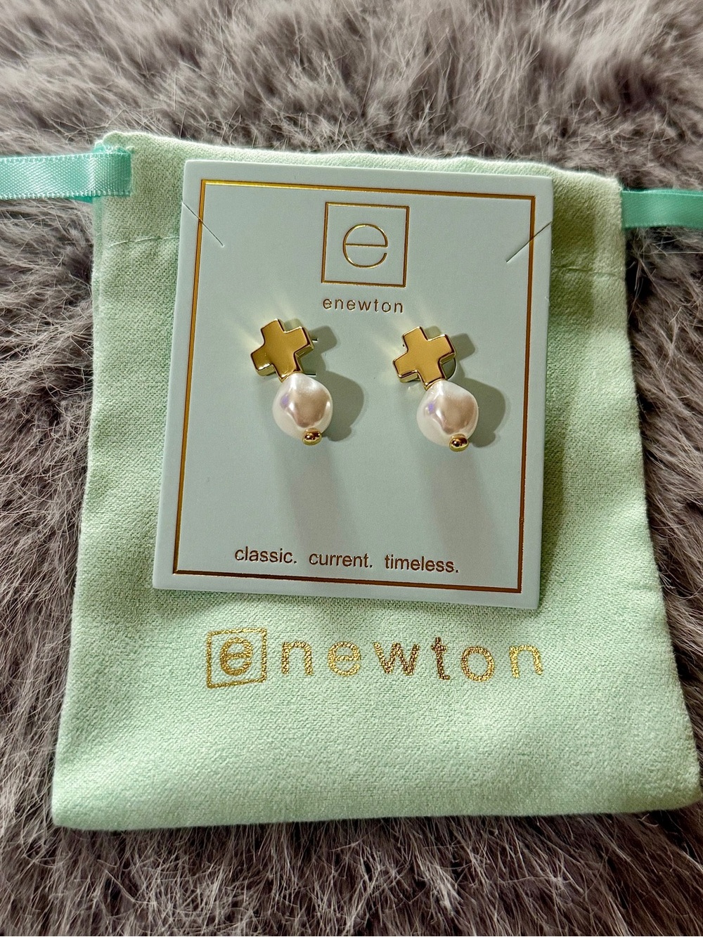 Enewton Gold Cross Classic Pearl Stud Earrings New